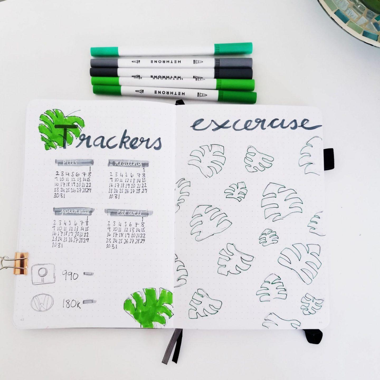 bullet journal trackers tracking exercise with tropical leaves