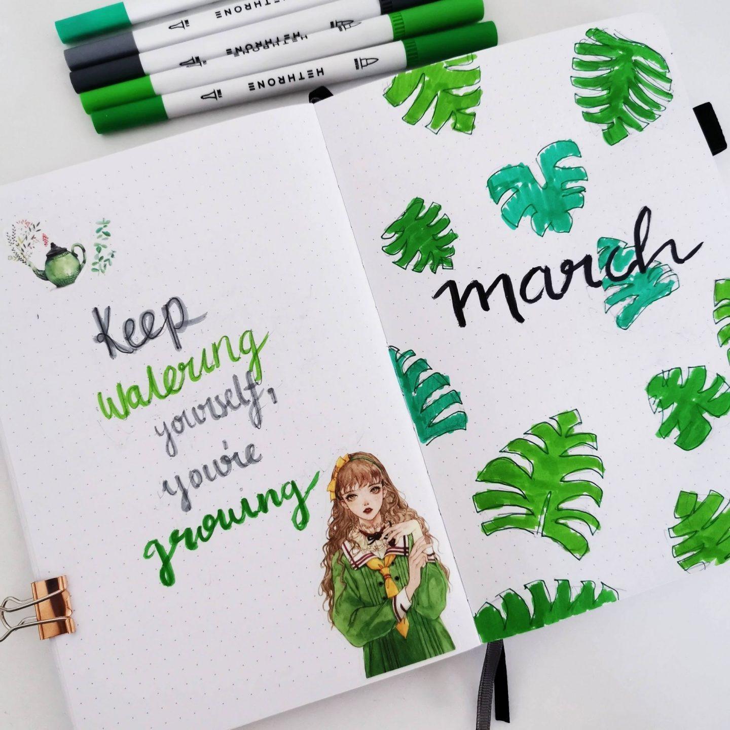 march bullet journal arty journal with big tropical leaves