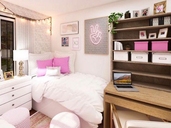 pink and white chic college dorm room ideas