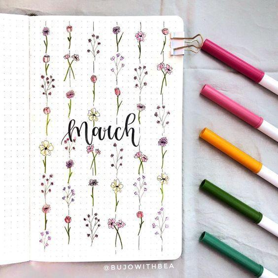 march bullet journal cover flowers